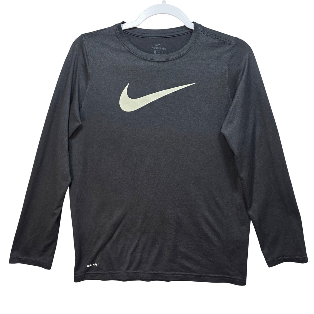 Nike Dri Fit Long Sleeve Shirt Youth XL Black Swoosh Logo Athletic Gym Tee